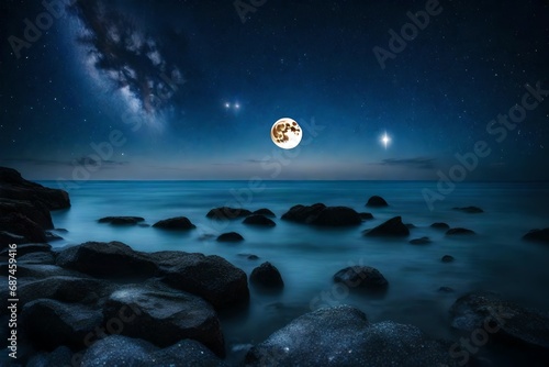 picturesque starry sky with full moon over sea at night--