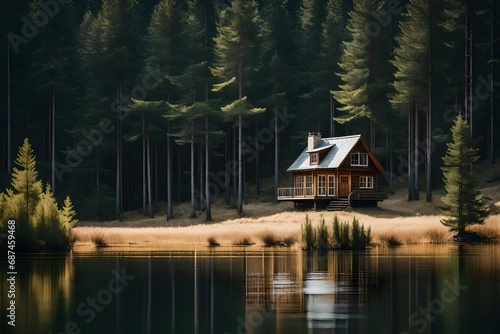 **A small wooden house in a coniferous forest on the shore of a lake. a place for privacy and escape from the bustle of the city. house in a national park on the shore of a picturesque lake.-