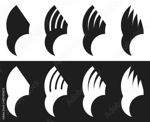 Bird of prey head logo design. Stylized eagle head symbol, a simple sign of an eagle with a sharp beak and a lush crest. Collection of isolated graphic signs in black, white. Vector illustration.