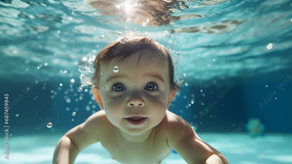 baby swimming underwater in the swimming pool