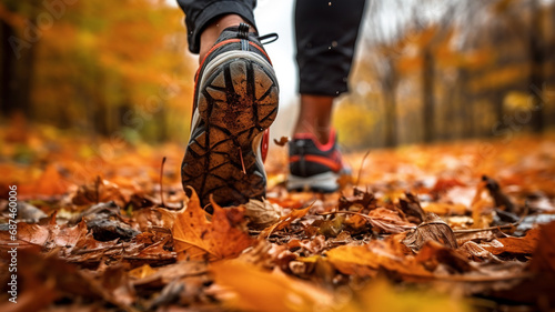 Feet of a jogger run up in autumn weather with leaves on the ground photo