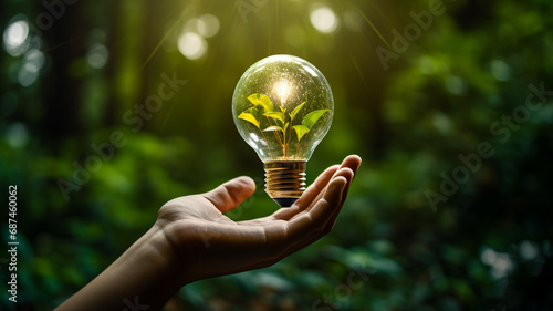 Hands holding a light bulb on a natural background.