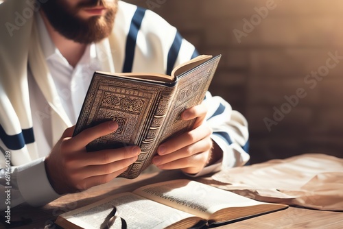 Hasidic Jew reads Siddur. Religious orthodox jew with beard praying quickly in white tallit in a synagogue. Close-up photo