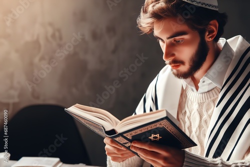 Hasidic Jew reads Siddur. Religious orthodox jew with beard praying quickly in white tallit in a synagogue. Close-up photo