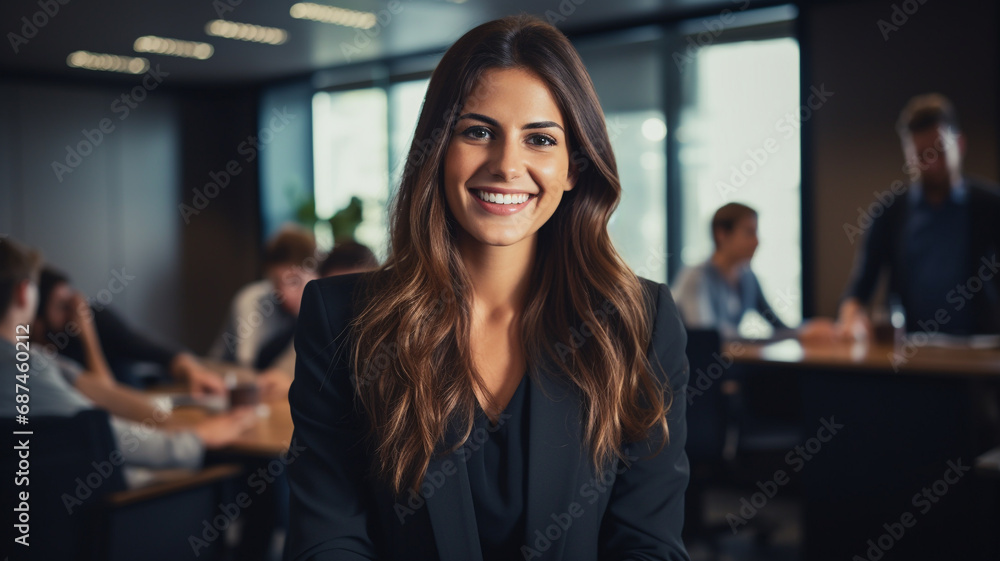 Young businesswoman smiles happily at conference room in office Young businesswoman smiles happily at conference room in office