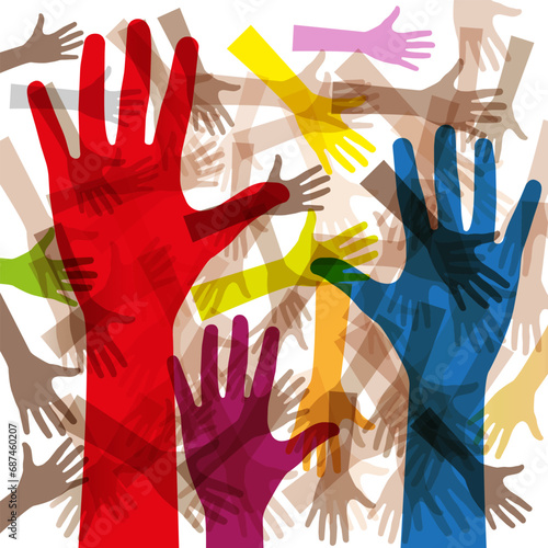 Outstretched, growing hands. The multicultural concept of the community team. Vector illustration.
