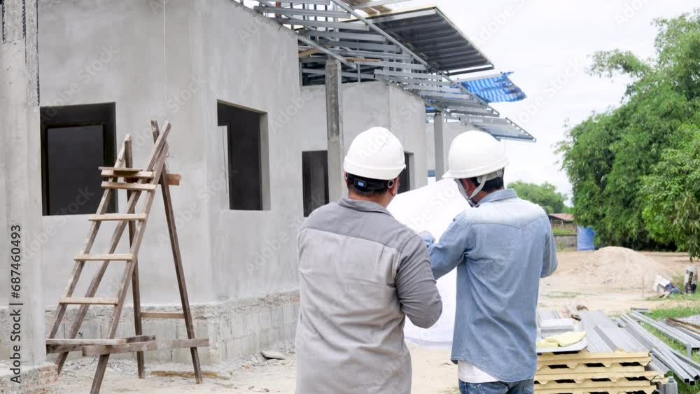 Two unrecognizable face engineering male wearing hardhat with paperwork inspect standing in front of construction site, worker, architect, manager, business partner working with Indian employee Two unrecognizable face engineering male wearing hardhat with paperwork inspect standing in front of construction site, worker, architect, manager, business partner working with Indian employee