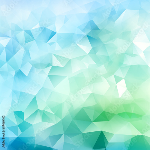 Abstract gradient small triangles drawn in white, green and light blue colors, square image