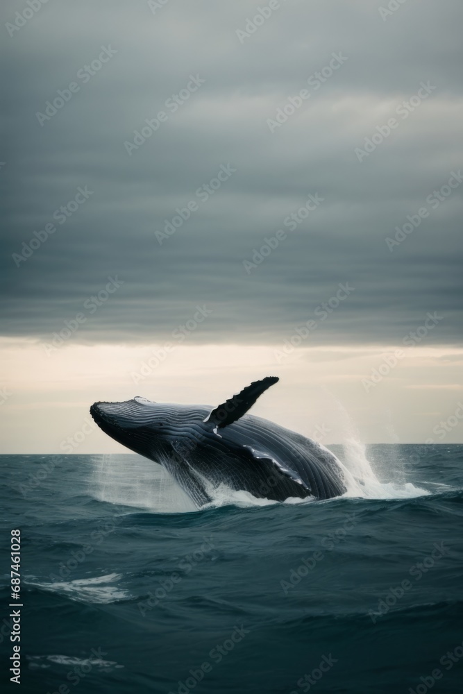 Fototapeta premium A humpback whale jumps out of the water and splashes the ode, creating waves in the sea. Nature, ocean, wildlife, travel concepts.