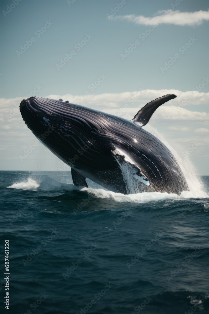 Fototapeta premium A humpback whale jumps out of the water and splashes the ode, creating waves in the sea. Nature, ocean, wildlife, travel concepts.