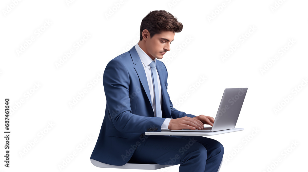 Concentrated young man in a blue suit working on a laptop with a transparent background, ideal for corporate and tech designs. Concentrated young man in a blue suit working on a laptop with a transparent background, ideal for corporate and tech designs.