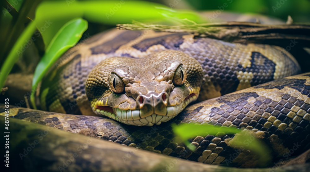 Boa constrictor non-venomous snake with detailed brown scales, coiled on a wooden branch. Boa constrictor non-venomous snake with detailed brown scales, coiled on a wooden branch.