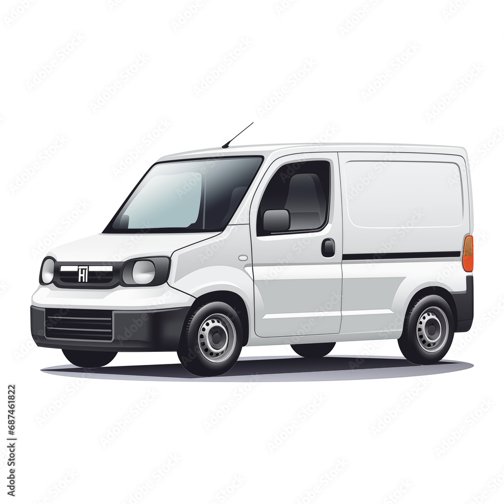 Compact white utility van with side paneling, depicted on a transparent background, suitable for small business needs.