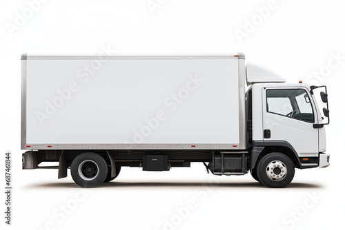 Pristine white delivery truck on a white background, angled view showcasing the cab and cargo area. © Tirawat