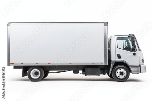 Pristine white delivery truck on a white background, angled view showcasing the cab and cargo area. © Tirawat