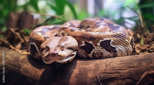 Boa constrictor with detailed brown scales, coiled on a wooden branch.