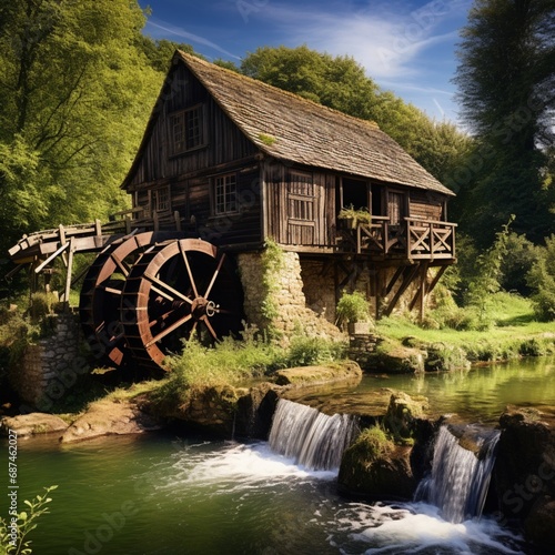 Traditional wooden watermill at river