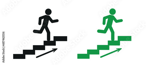 The stick man goes up the stairs. Pictographs of people climbing stairs, silhouettes of croupiers. The concept of success. Flat design style