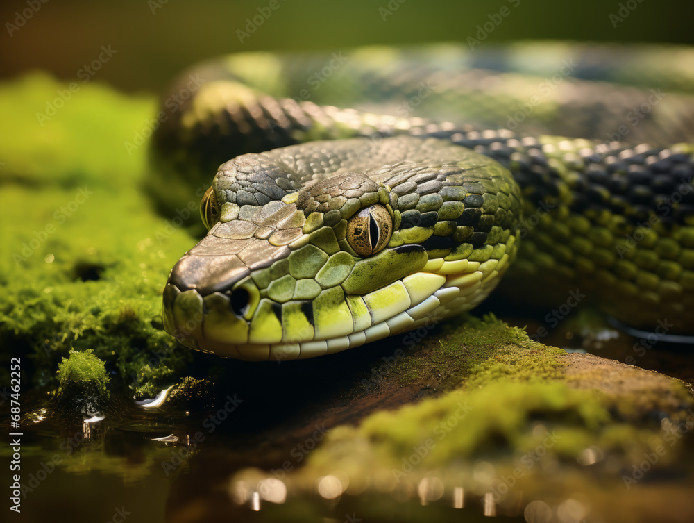 Obraz premium Detail of large green anaconda coiled on a rock, poised in its tropical habitat.