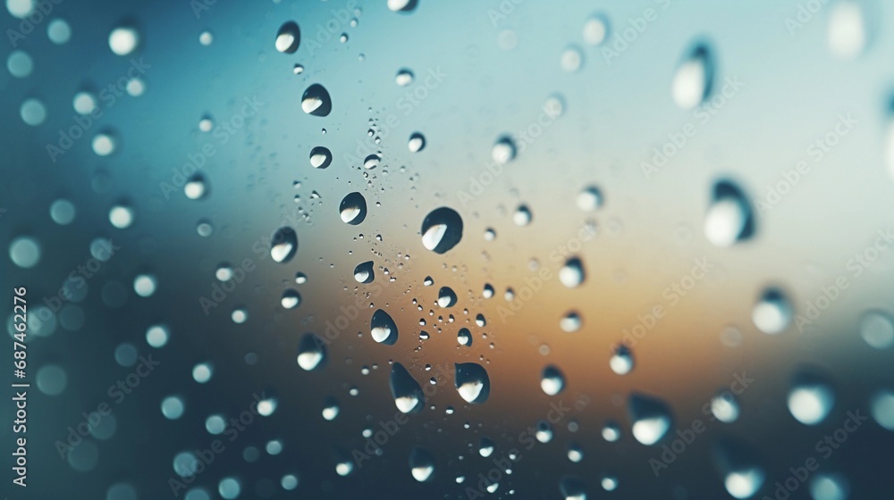 Close-up details of raindrops clinging to a windowpane, focusing on the geometric shapes and the way light interacts with the water droplets, background image, AI generated