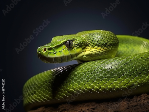 Detail of large green anaconda coiled on a rock, poised in its tropical habitat.