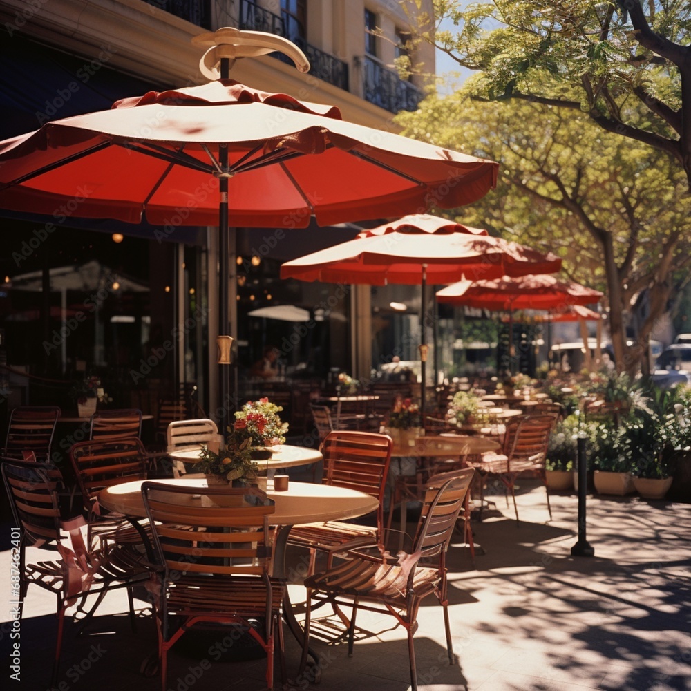 Umbrella shaded outdoor seating of cafe bistro