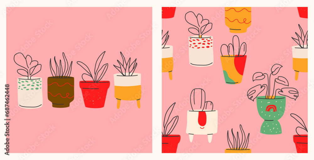 House plants in a flower pot. Houseplants poster and pattern set. Fashionable hand-drawn style.Colorful print, poster, banner.Vector House plants in a flower pot. Houseplants poster and pattern set. Fashionable hand-drawn style.Colorful print, poster, banner.Vector