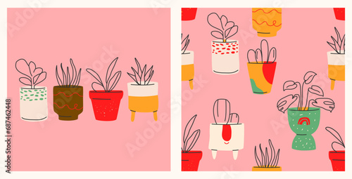 House plants in a flower pot. Houseplants poster and pattern set. Fashionable hand-drawn style.Colorful print  poster  banner.Vector