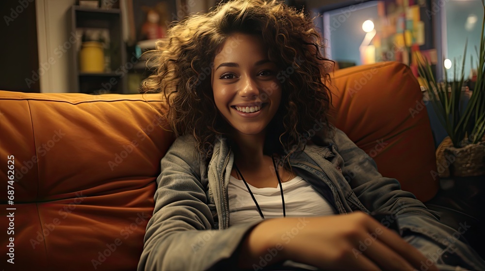 Young beautiful woman sitting on sofa smiling and relaxing at home Young beautiful woman sitting on sofa smiling and relaxing at home