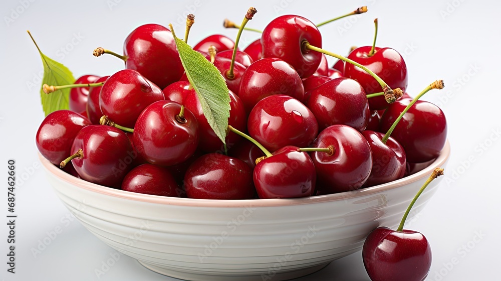 Red cherries delicious vitamin fresh sweet bright on a plate on the table, tasty and healthy food isolated on a white background Red cherries delicious vitamin fresh sweet bright on a plate on the table, tasty and healthy food isolated on a white background