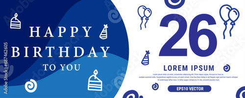 26 year celebration Creative Happy Birthday Text. Blue color decorative banner design, Vector illustration.