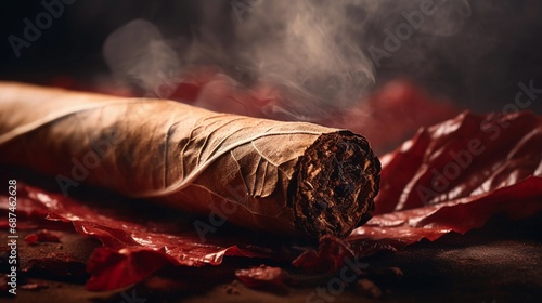 Close-up image showcasing the rich and textured details of the aged wrapper of a cigar, background image, AI generated