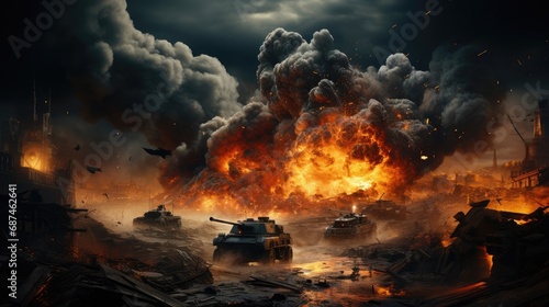 Large combat military tank and explosions during combat operations in the war, the tank explodes and shoots