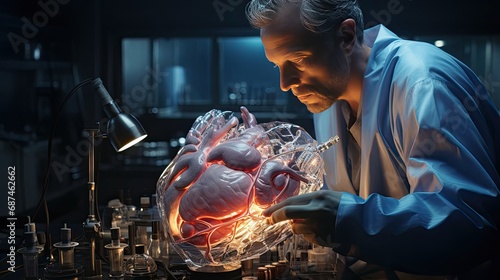Doctor cardiac surgeon doing heart replacement surgery, artificial heart implant, concept medicine healthcare and caring for sick patients photo
