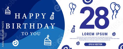 28 year celebration Creative Happy Birthday Text. Blue color decorative banner design, Vector illustration.