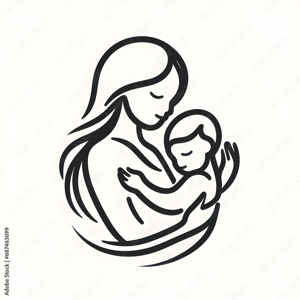 Mother and baby logo symbol. Mom hugs her child's logo