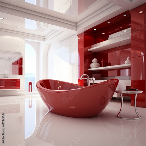 White and red bathroom with tub and sink