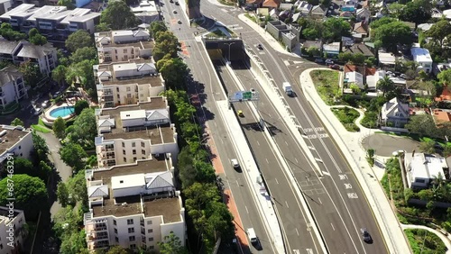 Rozelle interchange tunnel entry for Victoria road motorway in Sydney aerial 4k.
 photo