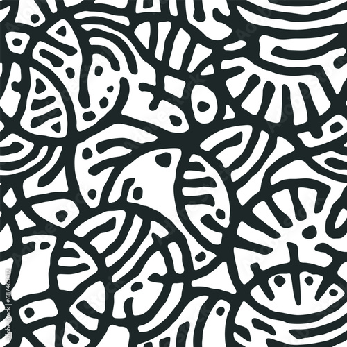 Cut square ornamental panels with abstract rounded shape. Fretwork screen template. Ethnic ornament of intertwined roots. Circles ancient pattern. Black and white seamless texture. Vector 