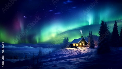 Animation of the northern lights at the North Pole. Loop video. One minute, 2k