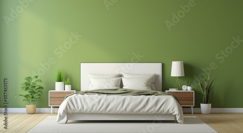 A minimalistic home interior background features a cozy green bedroom with bright furniture This 3D render exudes a simple and elegant design. Generative AI.