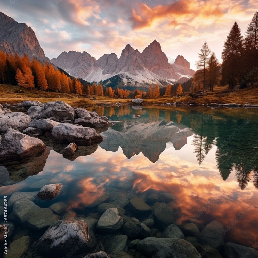 Wonderful autumn dawn landscape with Antorno lake in Dolomites