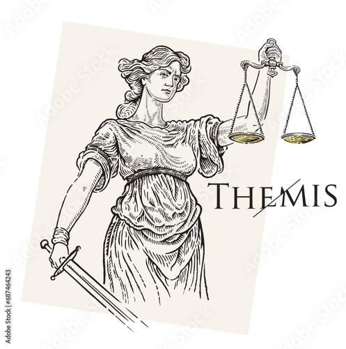 Illustration of the ancient Greek goddess Themis, personifying justice and fair trial, in the engraving style.