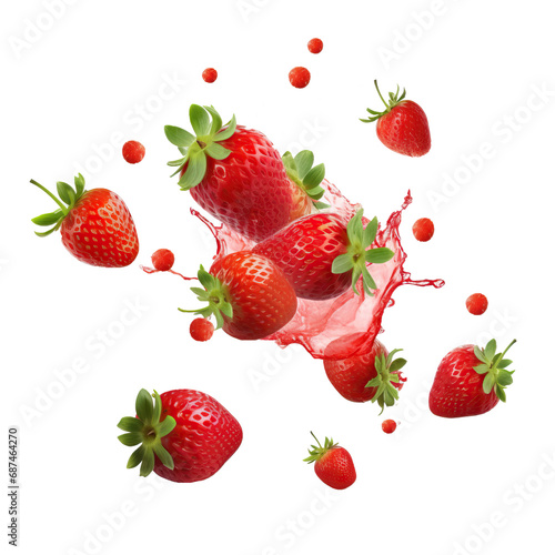 strawberry falling in juice splash isolated on white background or transparent