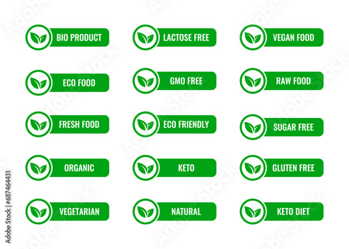 Healthy food labels. Different green stickers for product packages. Vegan, keto, eco, natural food signs