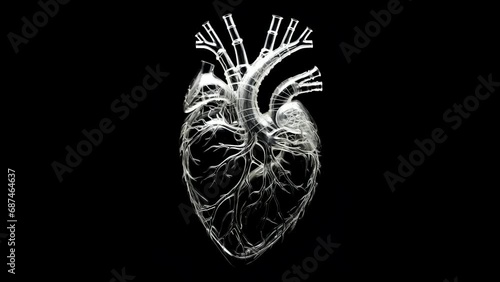 Artistic biological model of a beating heart on a black background. Loop video. One minute, 2k photo