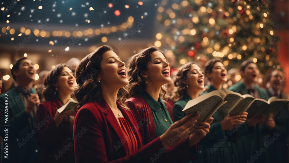 An abstract depiction of a choir singing carols amidst shimmering bokeh lights, capturing the joyous spirit of a festive musical celebration. - obrazy, fototapety, plakaty 