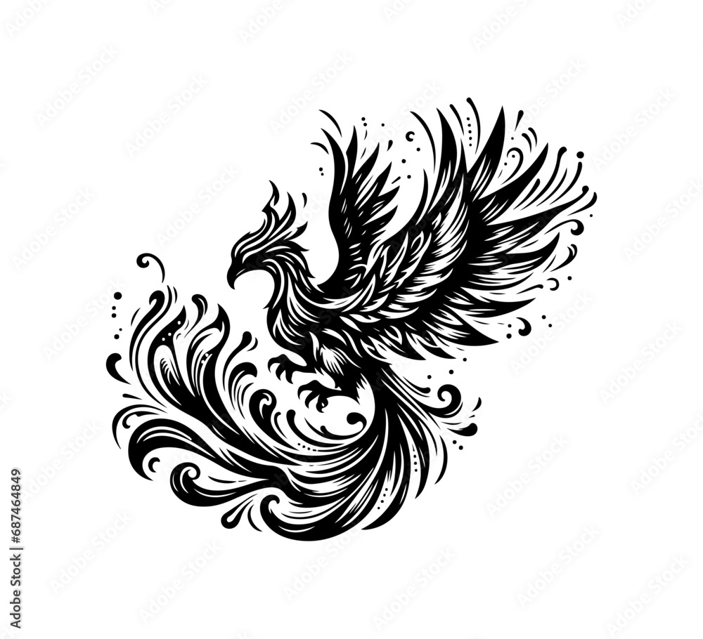 Phoenix bird hand drawn vector graphic asset