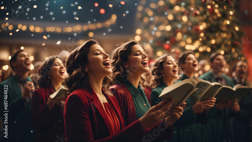 An abstract depiction of a choir singing carols amidst shimmering bokeh lights, capturing the joyous spirit of a festive musical celebration. photo