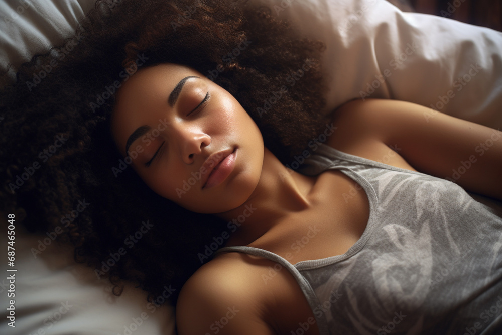 Close up of an elegant black woman with curly hair, peacefully asleep in her bed, eyes gently closed in serene slumber. Generative AI. - obrazy, fototapety, plakaty 